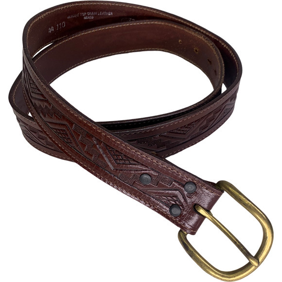 Brown Embossed Leather Aztec Western Belt‎ - Picture 2 of 9